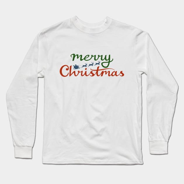 Merry Christmas Script+Santa's Sleigh Long Sleeve T-Shirt by NataliePaskell